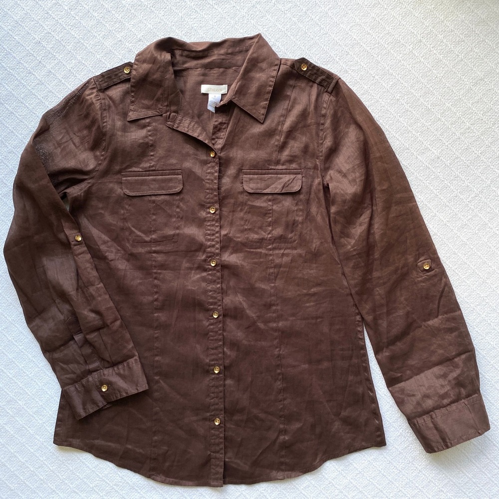 Chico's Brown Ramie Cotton Button Down Roll Tab Long Sleeve Shirt Semi-Sheer - Picture 4 of 7